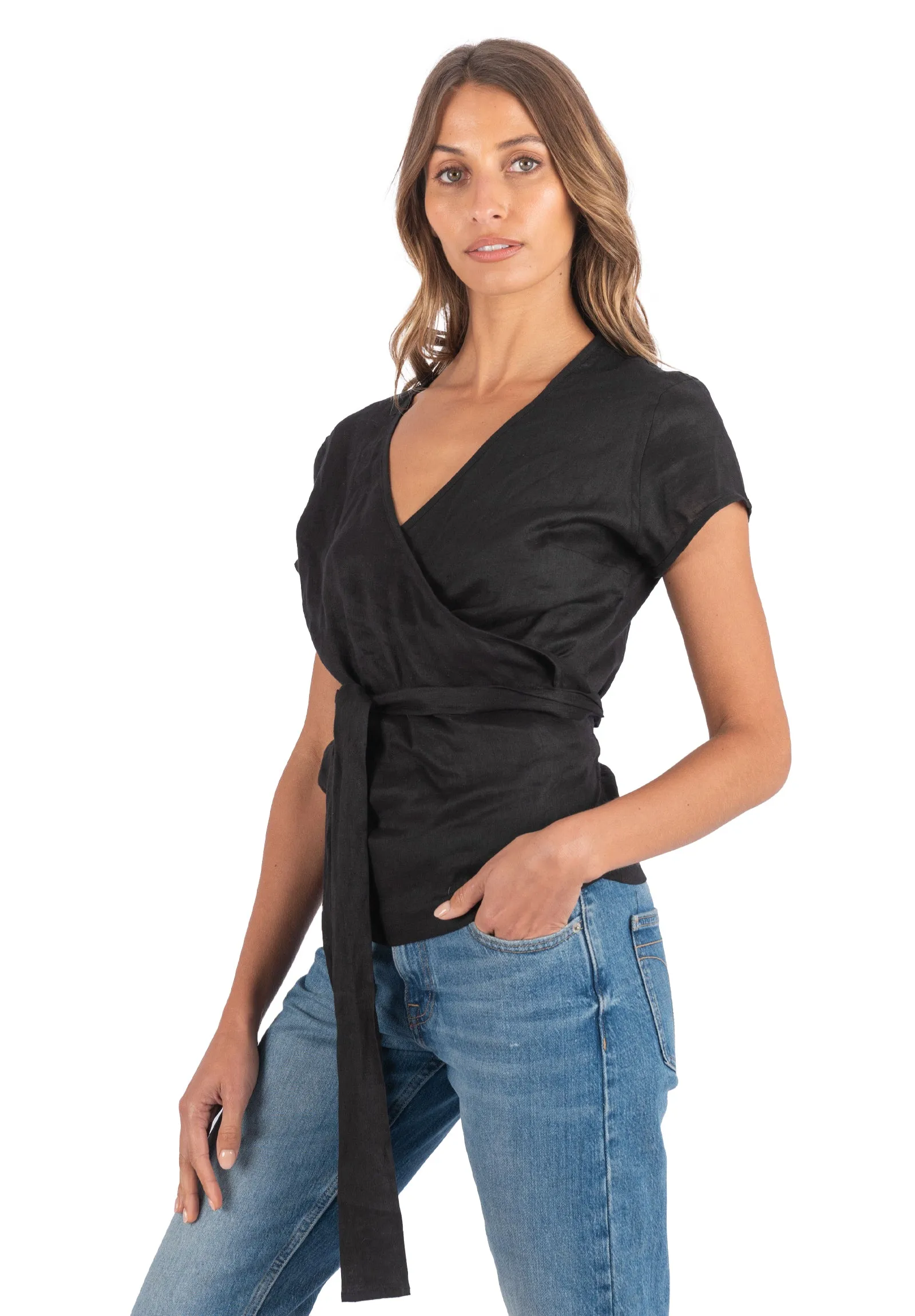 Veronica Black Wrap Linen Blouse