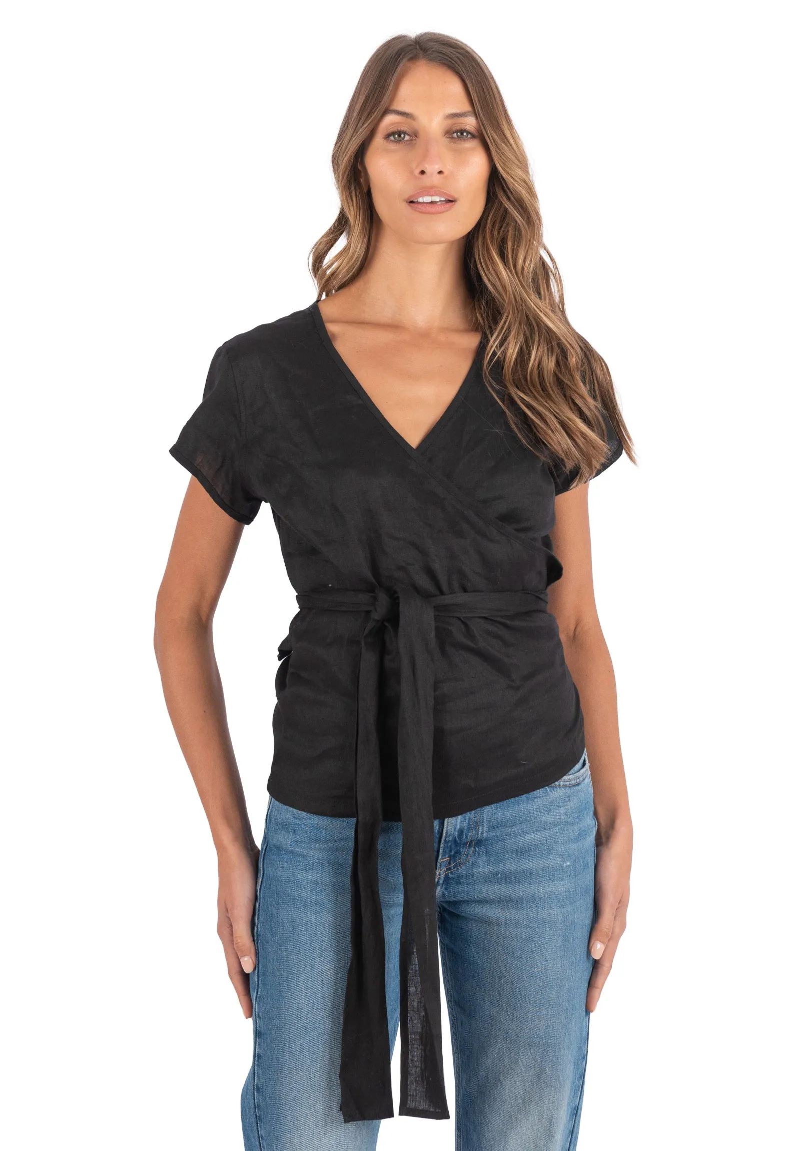 Veronica Black Wrap Linen Blouse