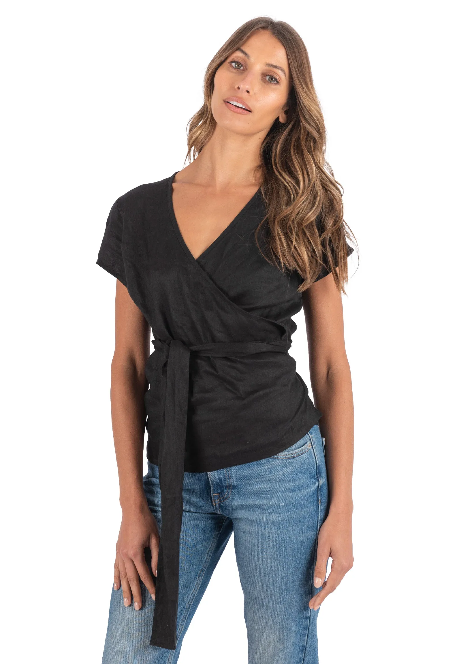 Veronica Black Wrap Linen Blouse