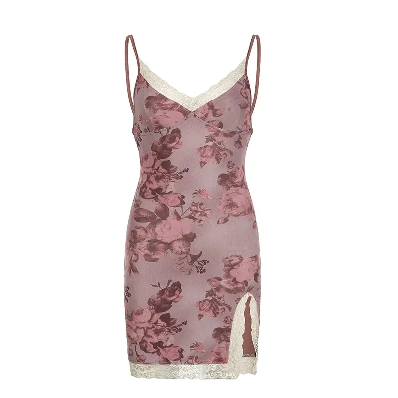 Vintage Chic V Neck Summer Dress Female Bodycon Fashion Lace Trim Sexy Mini Dresses Flowers Printing Split Sundress