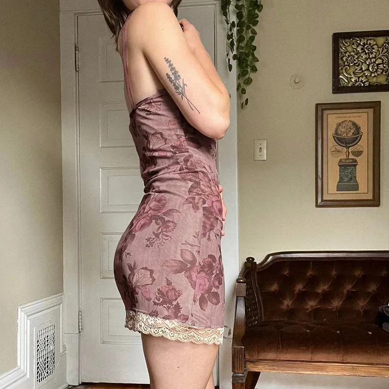 Vintage Chic V Neck Summer Dress Female Bodycon Fashion Lace Trim Sexy Mini Dresses Flowers Printing Split Sundress