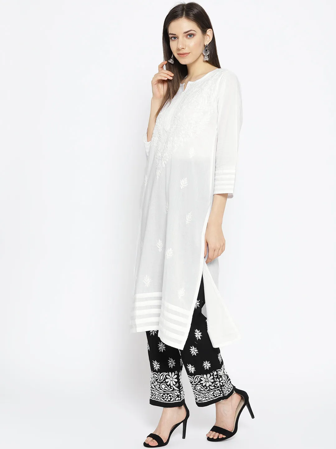 White Cotton Lucknow Chikan Kurta Set