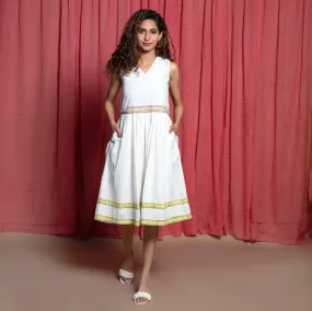White Organic Cotton Block Print Lace Knee Length Sundress