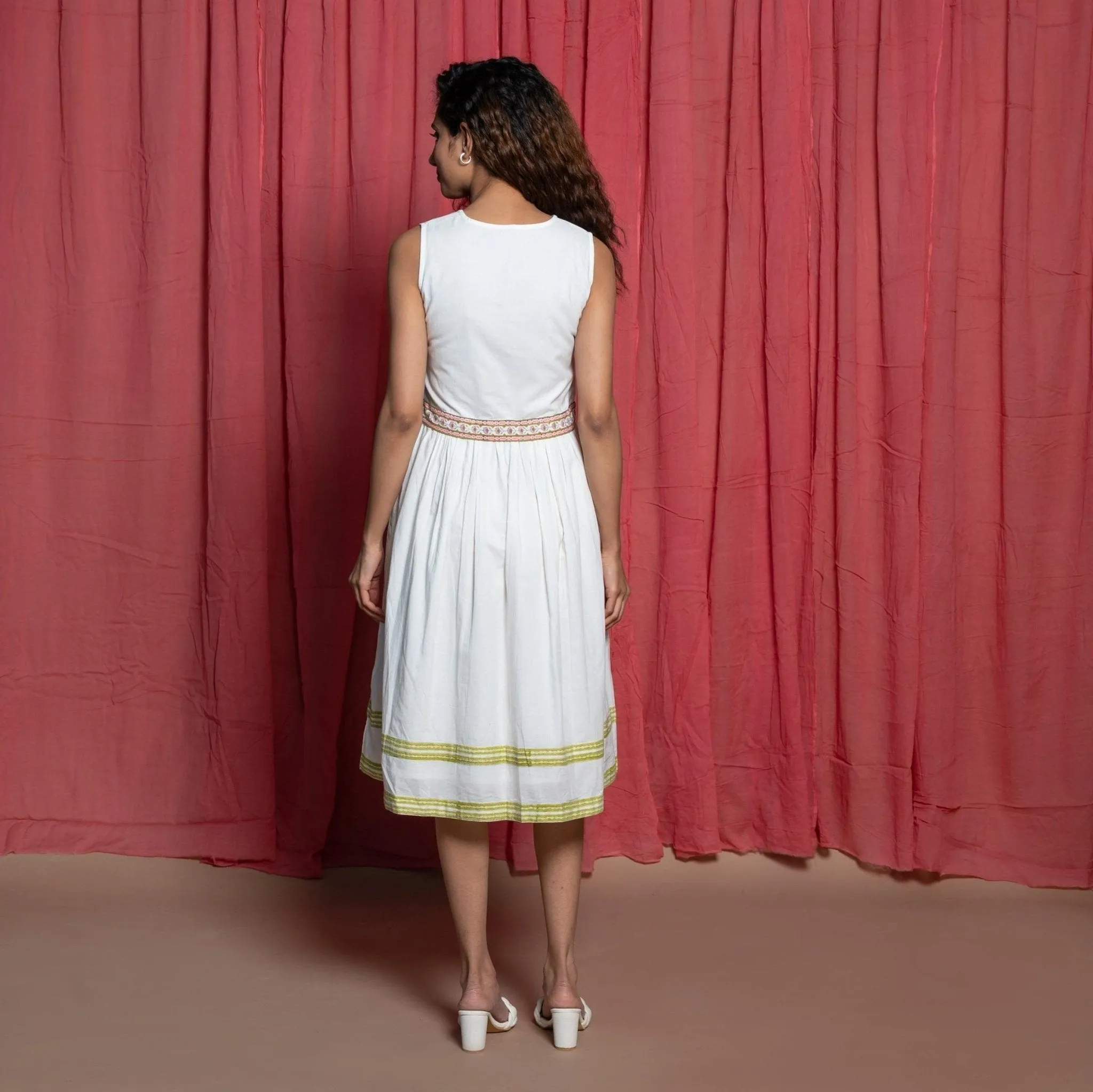 White Organic Cotton Block Print Lace Knee Length Sundress