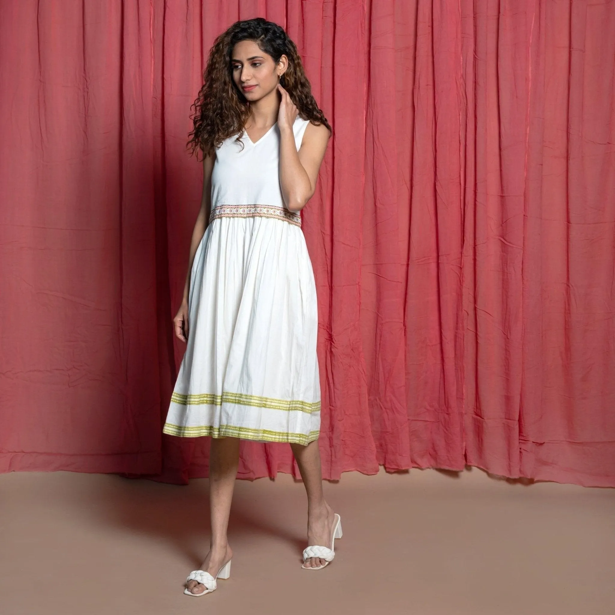 White Organic Cotton Block Print Lace Knee Length Sundress