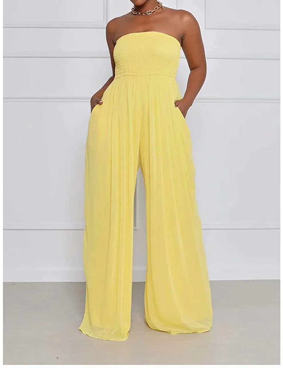 Wild Free Yellow Off Shoulder Loose Fit with Pockets Jumpsuit