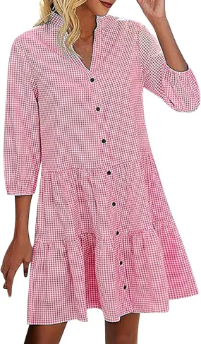 Women 3/4 Sleeve Plaid Shirt Dresses Summer Casual V Neck Button Down Mini Dress Gingham Loose Ruffle Hem Cute Dress