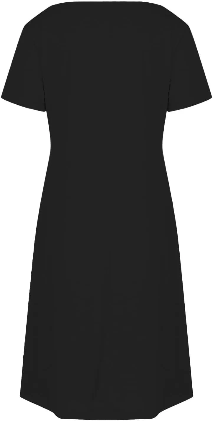Women Basic Short Sleeve T Shirt Dress Summer Casual V Neck Mini Dresses Soft Comfy A-Line Flare Dress with Pockets