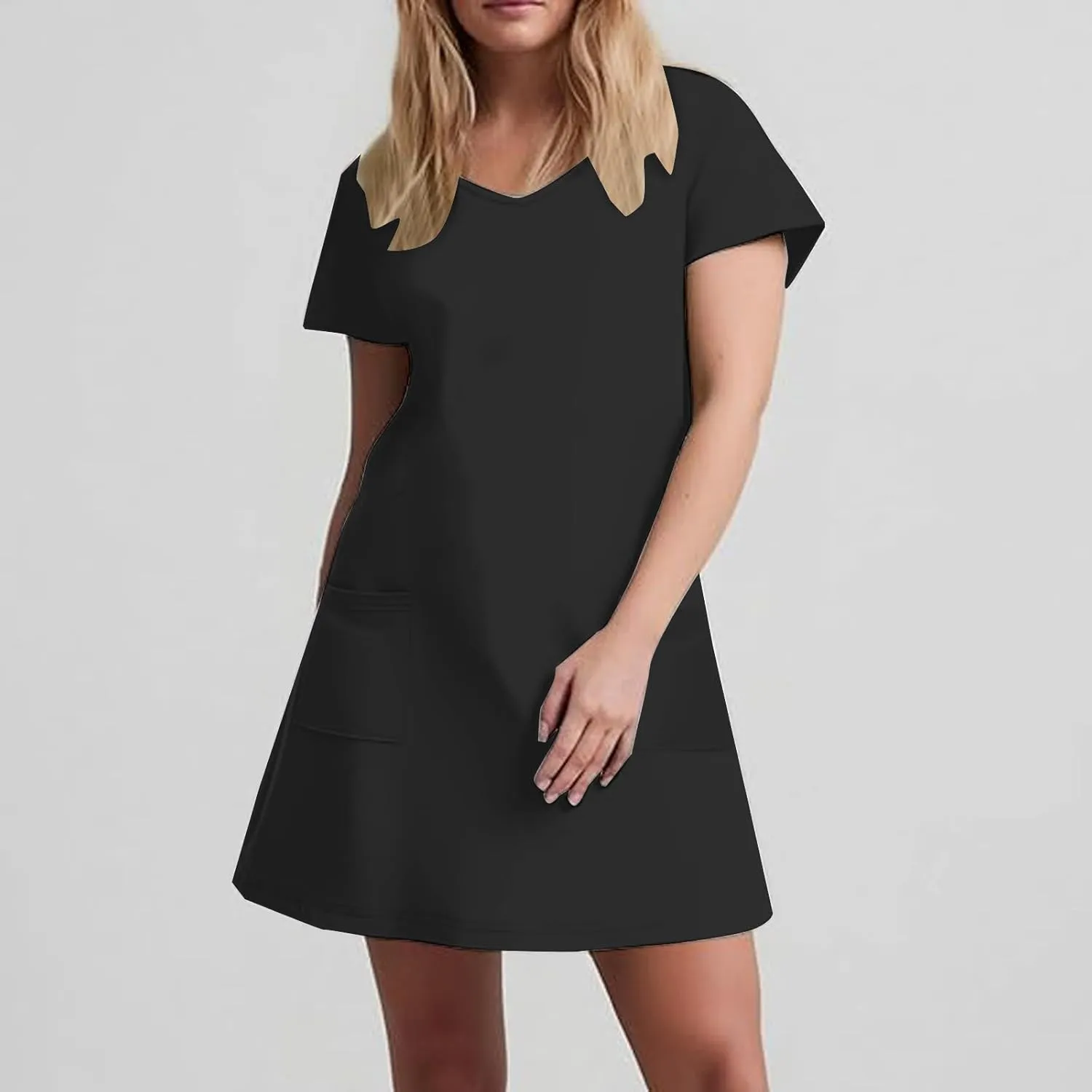 Women Basic Short Sleeve T Shirt Dress Summer Casual V Neck Mini Dresses Soft Comfy A-Line Flare Dress with Pockets