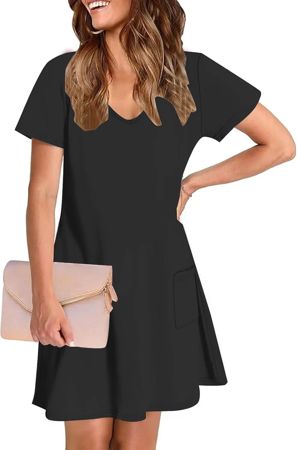 Women Basic Short Sleeve T Shirt Dress Summer Casual V Neck Mini Dresses Soft Comfy A-Line Flare Dress with Pockets