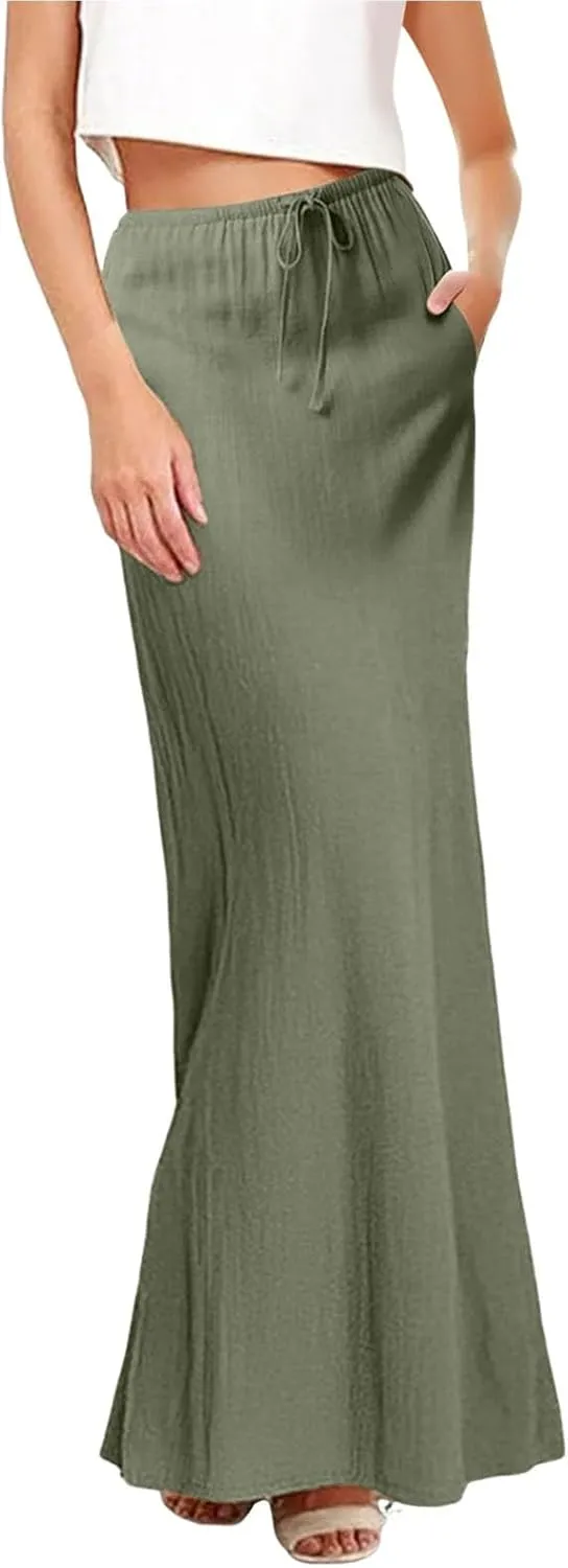 Women Boho Linen Maxi Skirts Trendy Comfy Drawstring Waist A Line Cute Bohemian 2025 Summer Vacation Flowy Skirts
