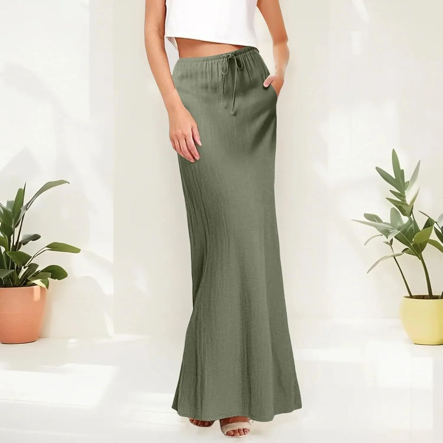 Women Boho Linen Maxi Skirts Trendy Comfy Drawstring Waist A Line Cute Bohemian 2025 Summer Vacation Flowy Skirts