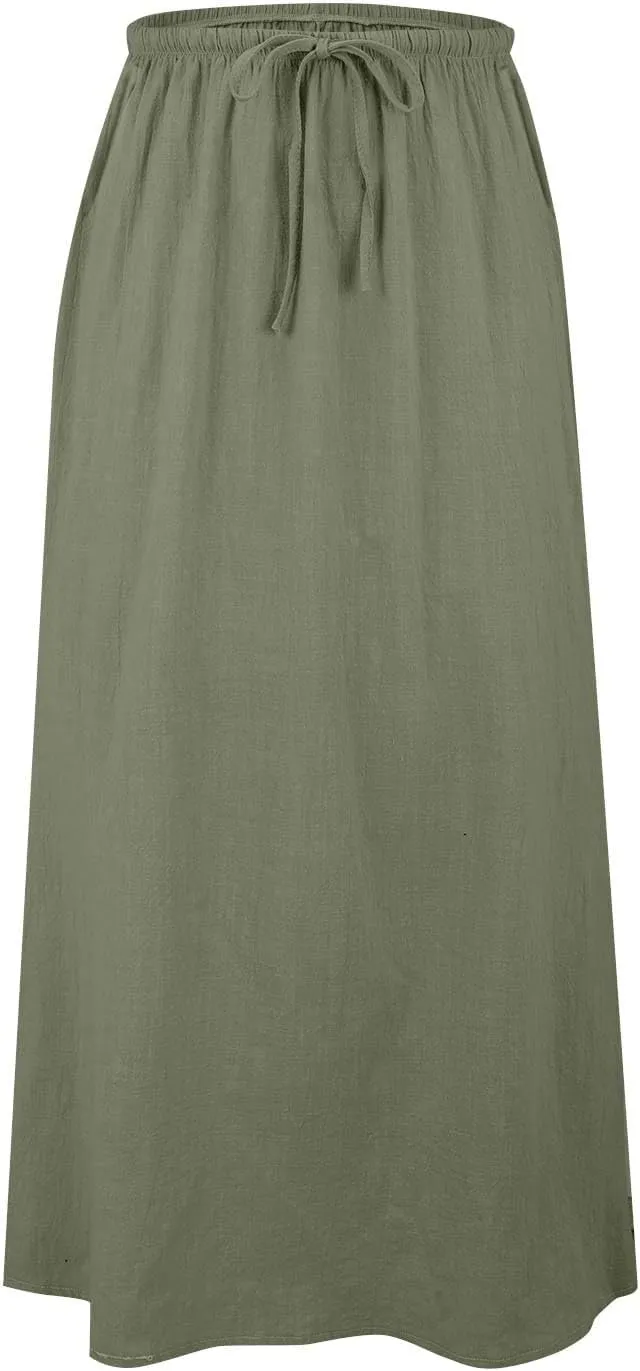 Women Boho Linen Maxi Skirts Trendy Comfy Drawstring Waist A Line Cute Bohemian 2025 Summer Vacation Flowy Skirts