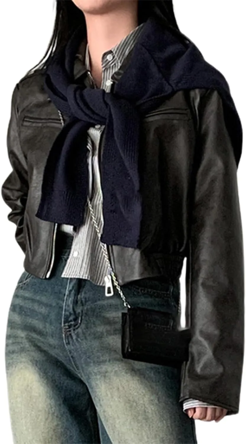 Women Crop Faux Leather Jacket Casual Long Sleeve Motorcycle Jacket Button Down Crop Leather Jacket Fall Outwear Coat