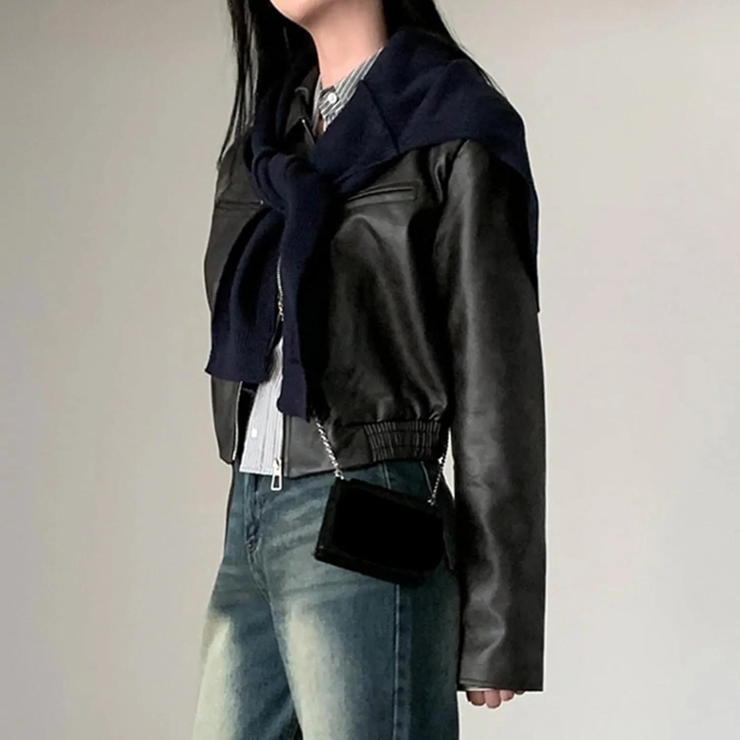 Women Crop Faux Leather Jacket Casual Long Sleeve Motorcycle Jacket Button Down Crop Leather Jacket Fall Outwear Coat