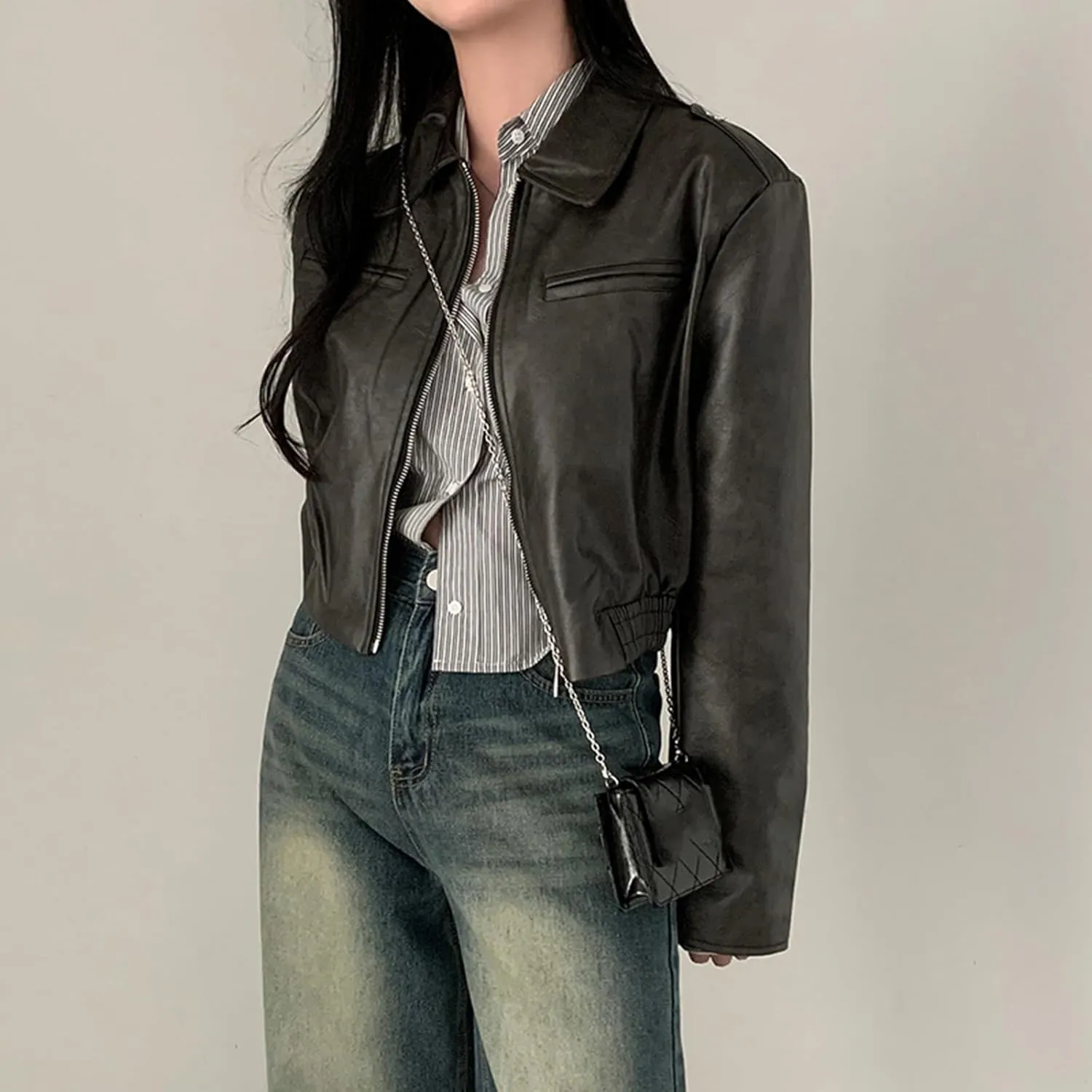 Women Crop Faux Leather Jacket Casual Long Sleeve Motorcycle Jacket Button Down Crop Leather Jacket Fall Outwear Coat