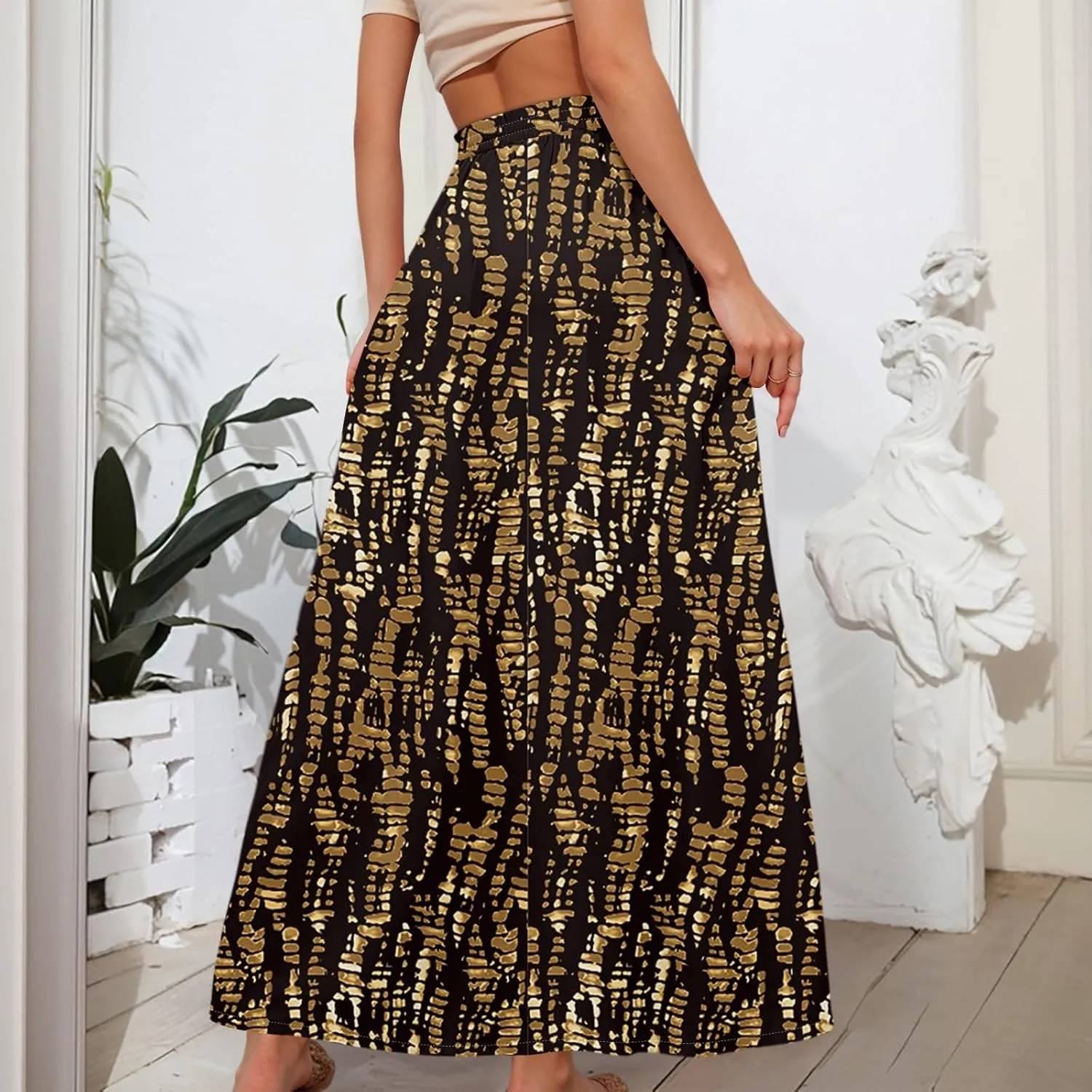 Women Floral Skirt A Line Pleated Flowy Midi Skirts with Pockets Drawstring Casual Elastic High Waisted Boho Beach Dress