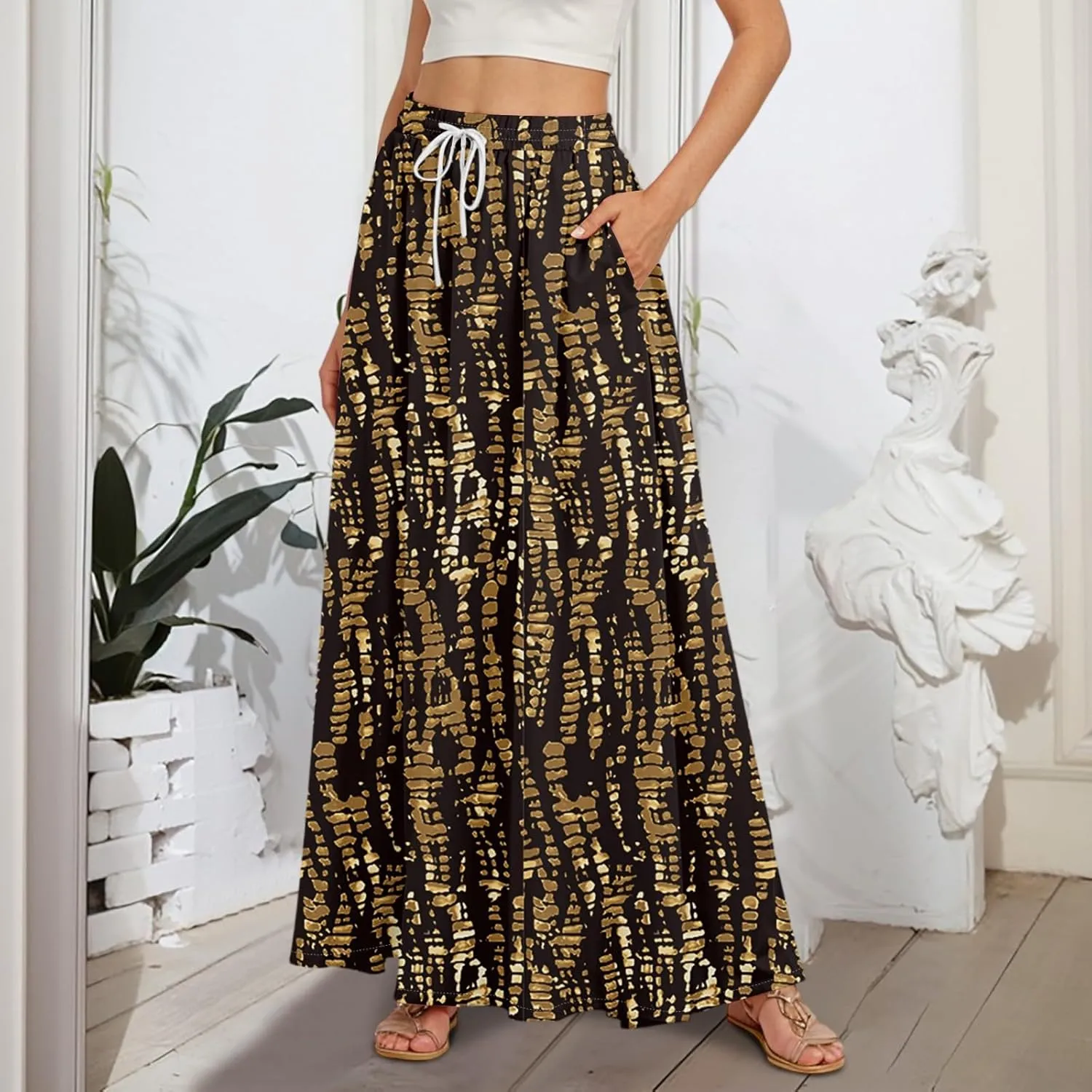 Women Floral Skirt A Line Pleated Flowy Midi Skirts with Pockets Drawstring Casual Elastic High Waisted Boho Beach Dress