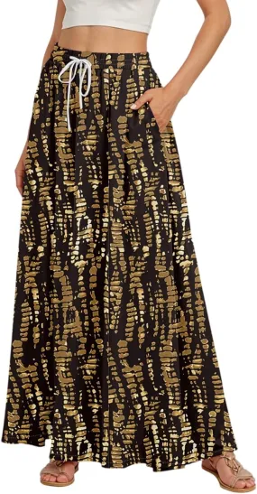 Women Floral Skirt A Line Pleated Flowy Midi Skirts with Pockets Drawstring Casual Elastic High Waisted Boho Beach Dress