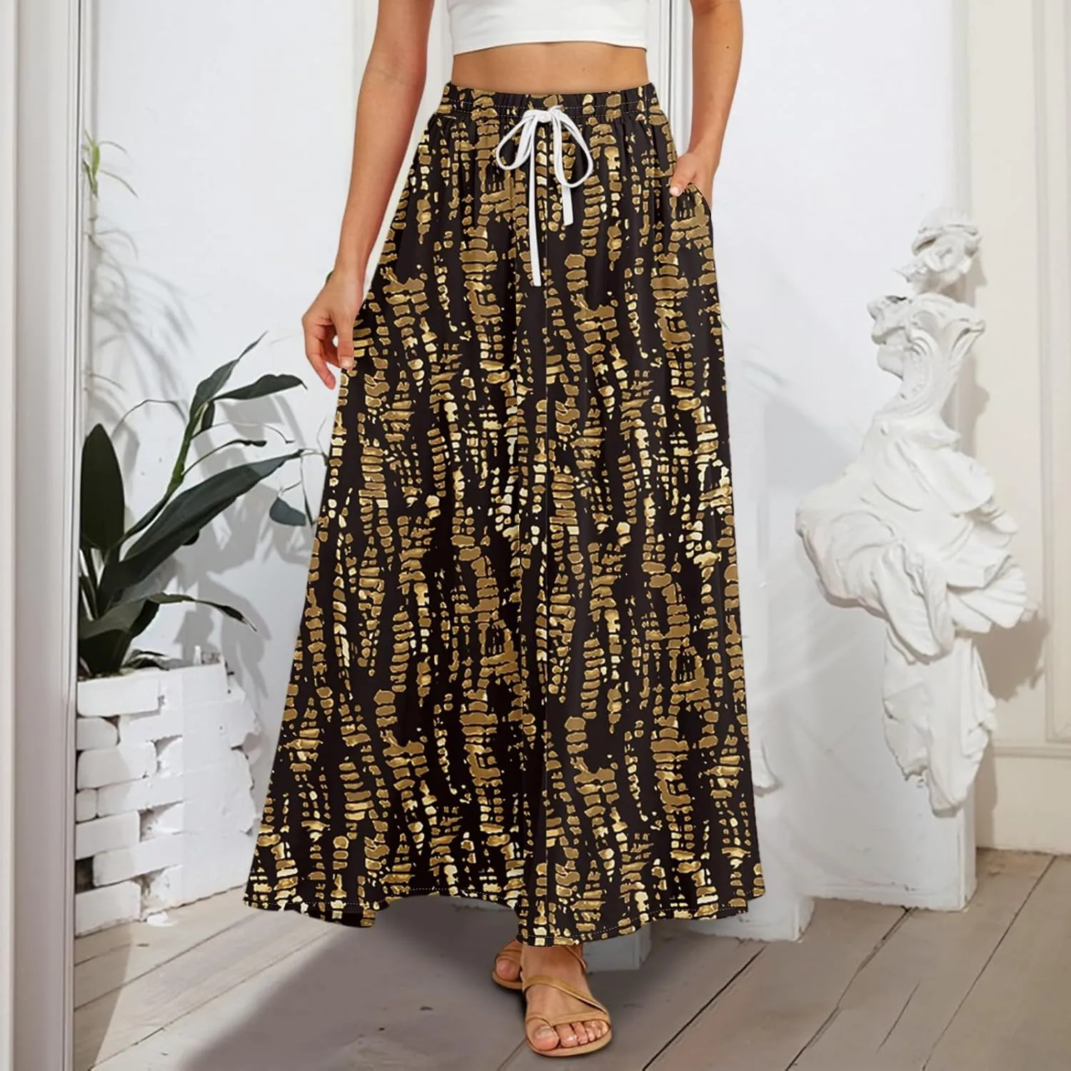 Women Floral Skirt A Line Pleated Flowy Midi Skirts with Pockets Drawstring Casual Elastic High Waisted Boho Beach Dress