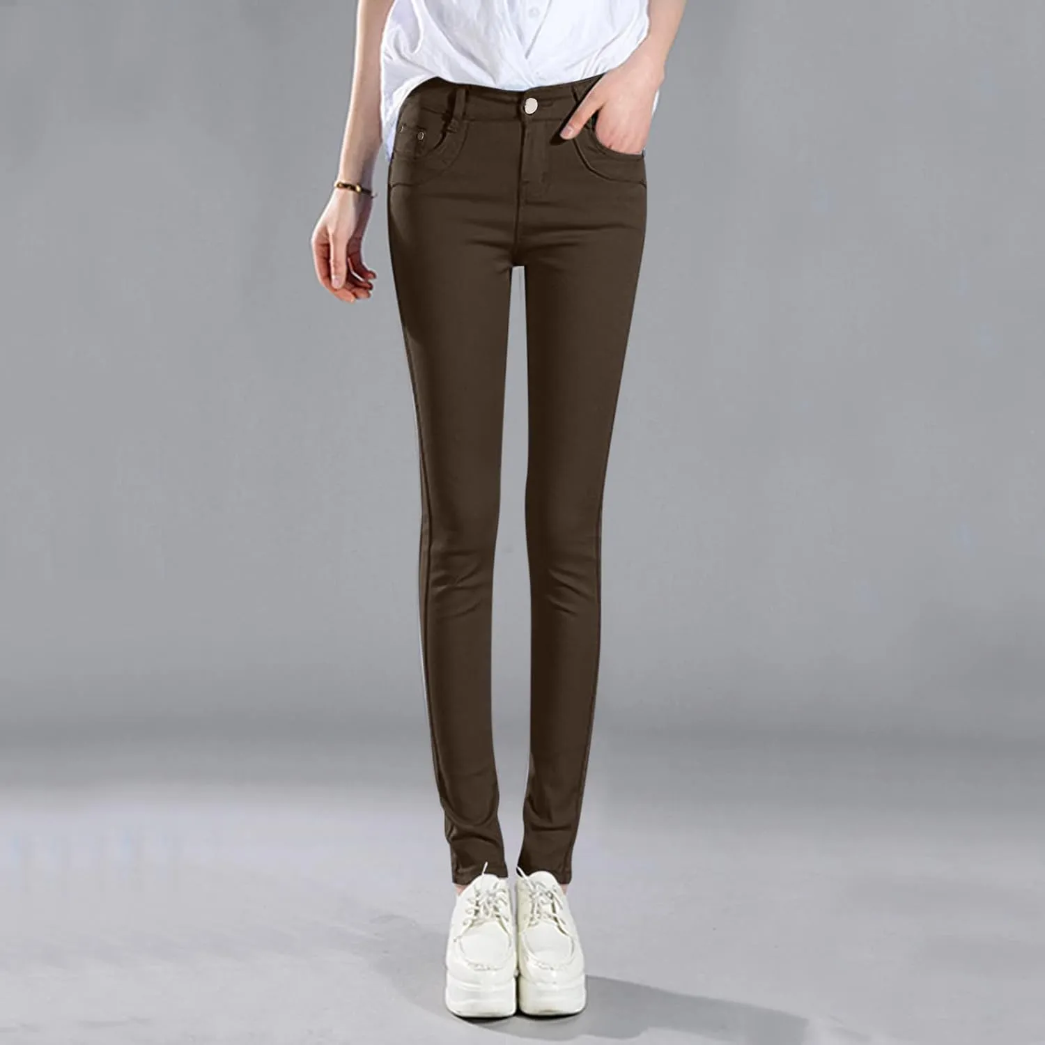 Women High Waist Skinny Pant Stretchy Slim Pull On Cotton Pencil Trouser Comfy Butt Lifting Tight Legging with Pocket
