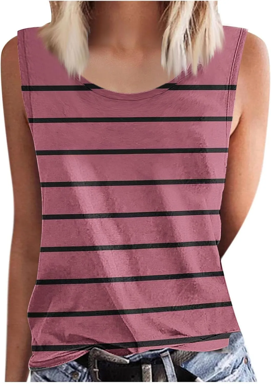 Women Striped Casual Loose Tank Tops, Summer Sleeveless Crewneck Daily Shirts Soft Breathable Going Out Trendy Clothes