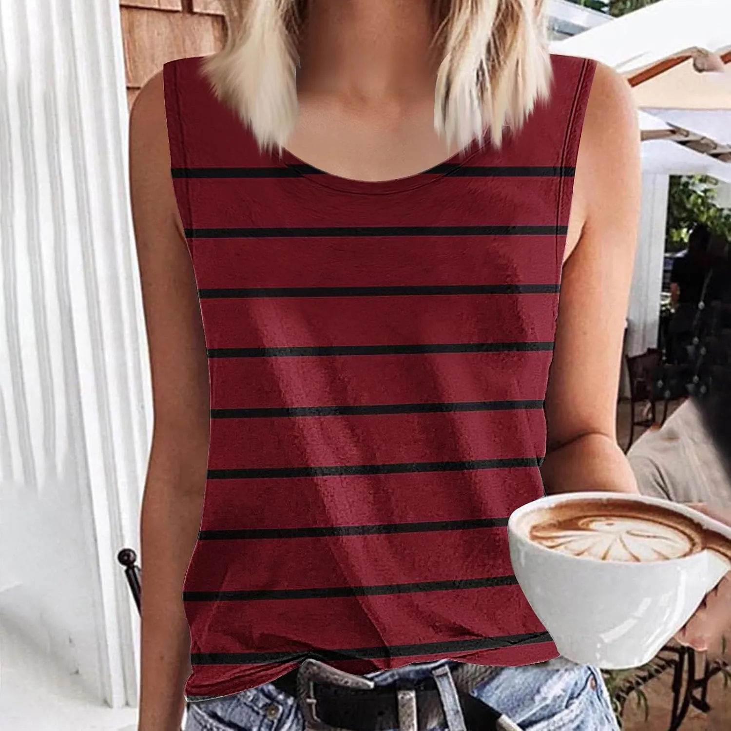 Women Striped Casual Loose Tank Tops, Summer Sleeveless Crewneck Daily Shirts Soft Breathable Going Out Trendy Clothes