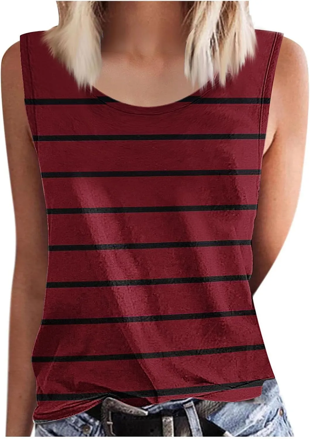 Women Striped Casual Loose Tank Tops, Summer Sleeveless Crewneck Daily Shirts Soft Breathable Going Out Trendy Clothes