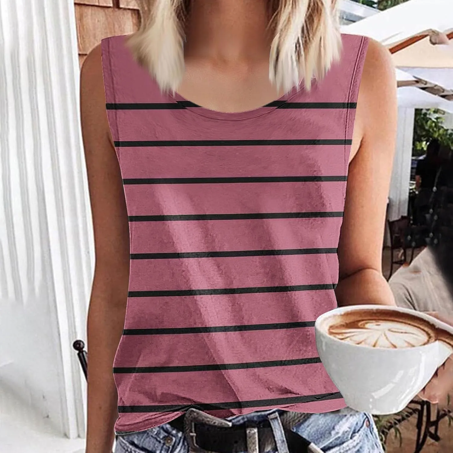 Women Striped Casual Loose Tank Tops, Summer Sleeveless Crewneck Daily Shirts Soft Breathable Going Out Trendy Clothes