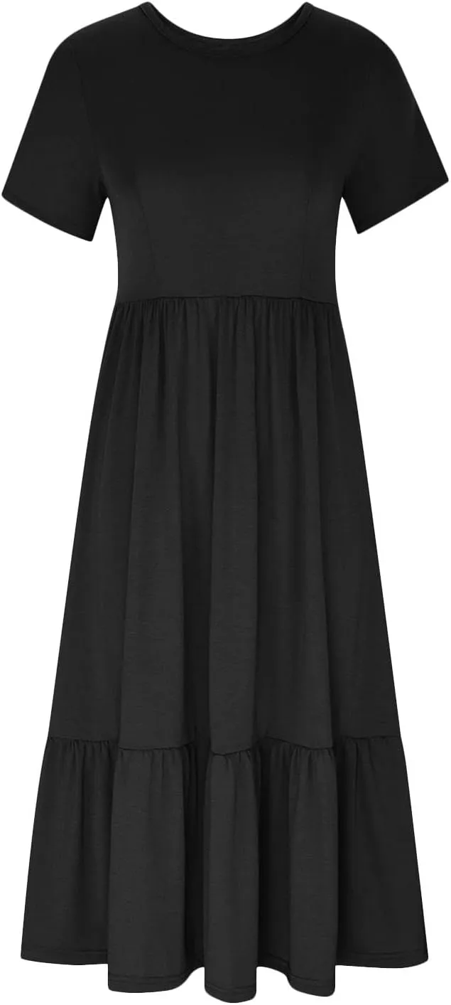 Women Summer Casual Maxi Dress Short Sleeve Crewneck A-line Dress Swing Ruffle Tiered Beach Sundress with Pockets