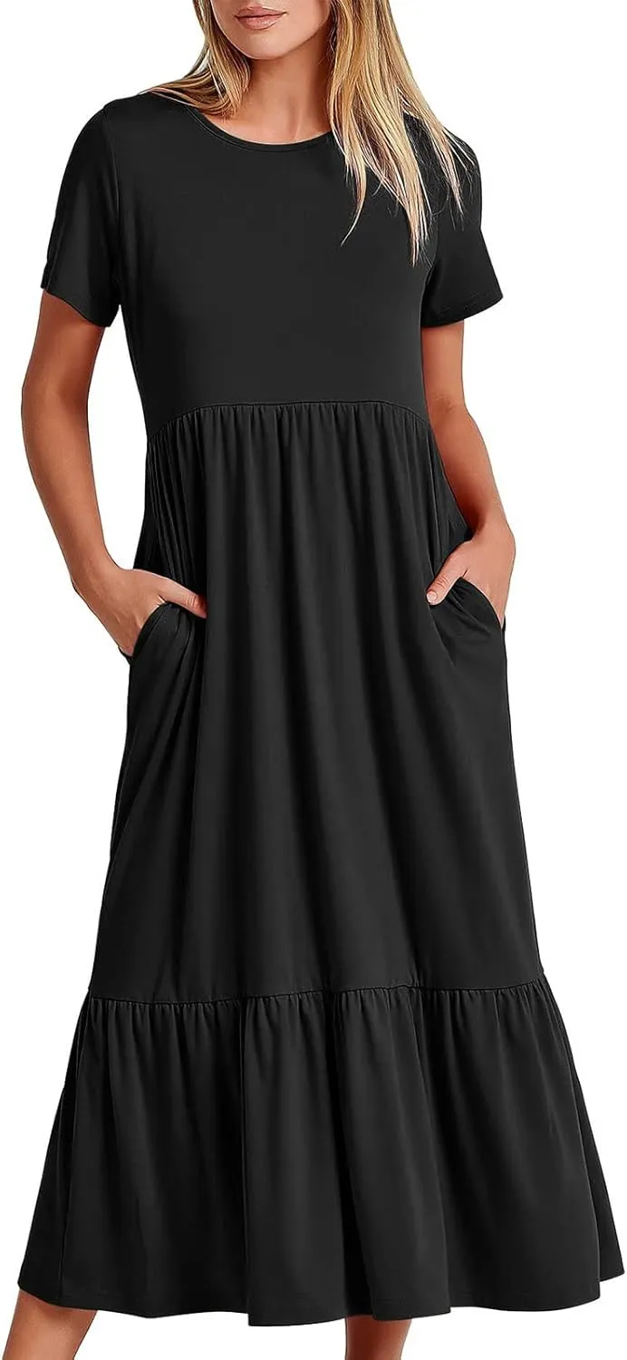 Women Summer Casual Maxi Dress Short Sleeve Crewneck A-line Dress Swing Ruffle Tiered Beach Sundress with Pockets