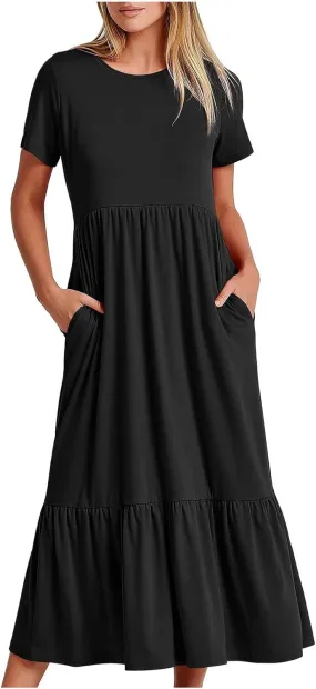 Women Summer Casual Maxi Dress Short Sleeve Crewneck A-line Dress Swing Ruffle Tiered Beach Sundress with Pockets