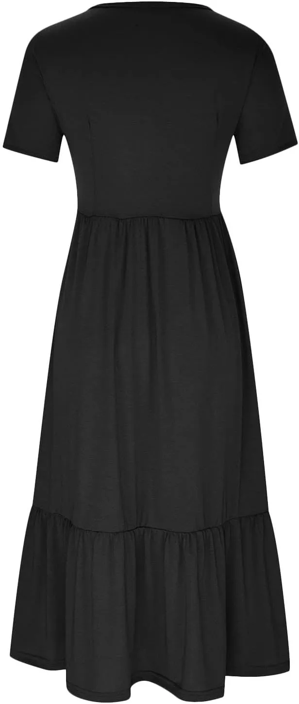 Women Summer Casual Maxi Dress Short Sleeve Crewneck A-line Dress Swing Ruffle Tiered Beach Sundress with Pockets