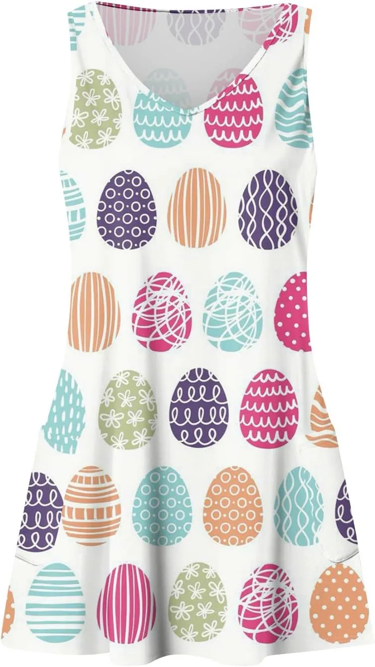 Women Summer Dresses V Neck 2025 Swimsuit Coverup Beach Printed Dress with Pocket Sleeveless Casual Sundress