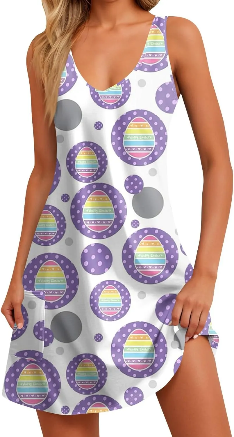 Women Summer Dresses V Neck 2025 Swimsuit Coverup Beach Printed Dress with Pocket Sleeveless Casual Sundress