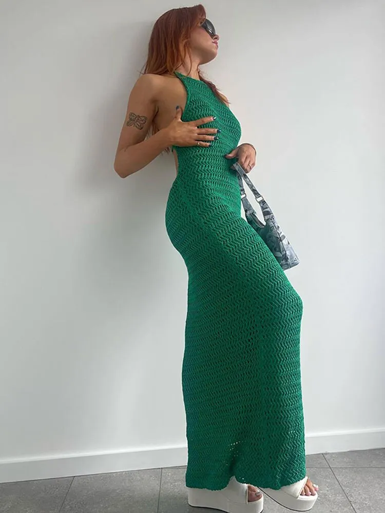 Women Summer Long Beach Dress Party Vacation Hollow Out Sleeveless O Halter Neck Dresses Sexy Crochet Backless Lace Up Vestidos