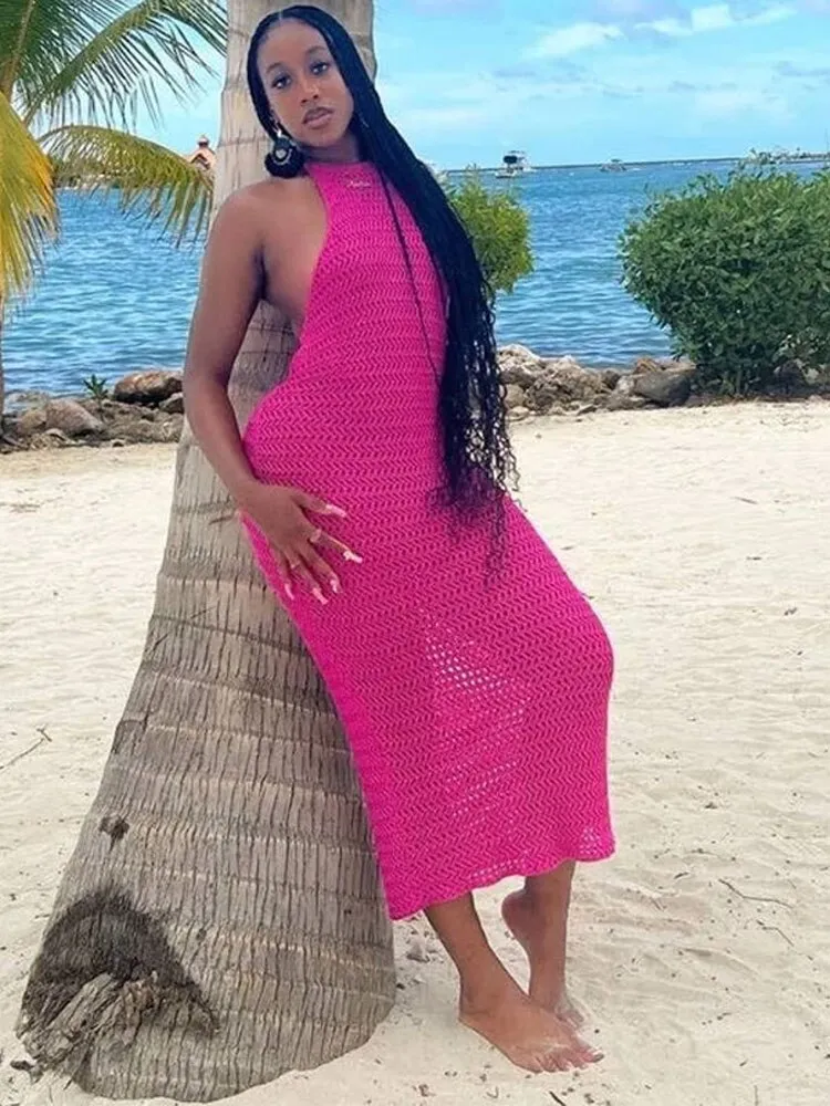 Women Summer Long Beach Dress Party Vacation Hollow Out Sleeveless O Halter Neck Dresses Sexy Crochet Backless Lace Up Vestidos