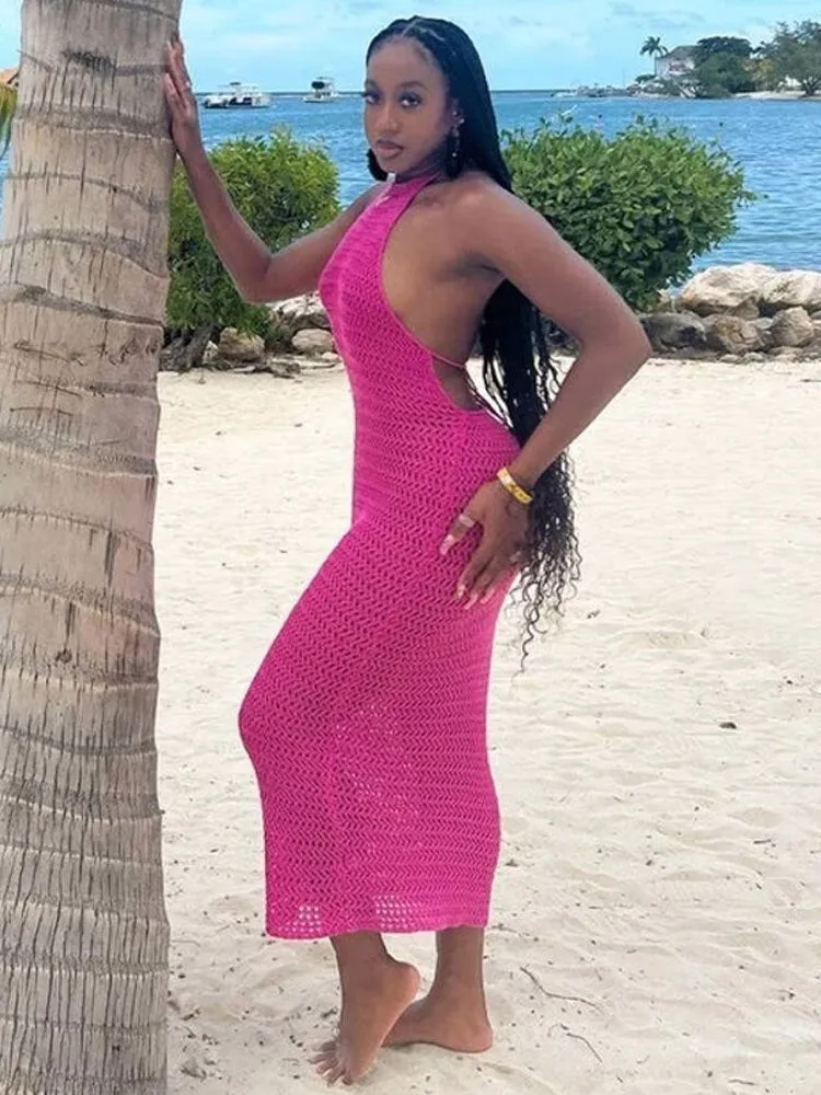 Women Summer Long Beach Dress Party Vacation Hollow Out Sleeveless O Halter Neck Dresses Sexy Crochet Backless Lace Up Vestidos