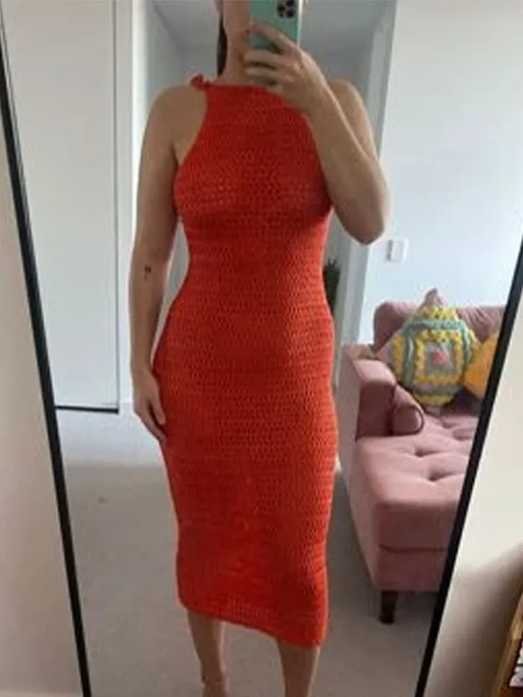Women Summer Long Beach Dress Party Vacation Hollow Out Sleeveless O Halter Neck Dresses Sexy Crochet Backless Lace Up Vestidos