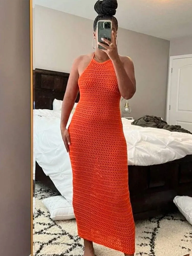 Women Summer Long Beach Dress Party Vacation Hollow Out Sleeveless O Halter Neck Dresses Sexy Crochet Backless Lace Up Vestidos