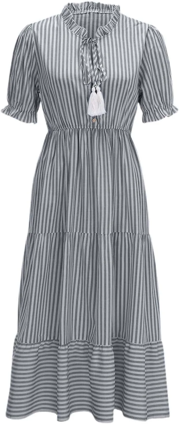 Womens 2025 Summer Puff Short Sleeve Maxi Dress Casual V Neck Strip Printed A Line Flowy Long Dresses