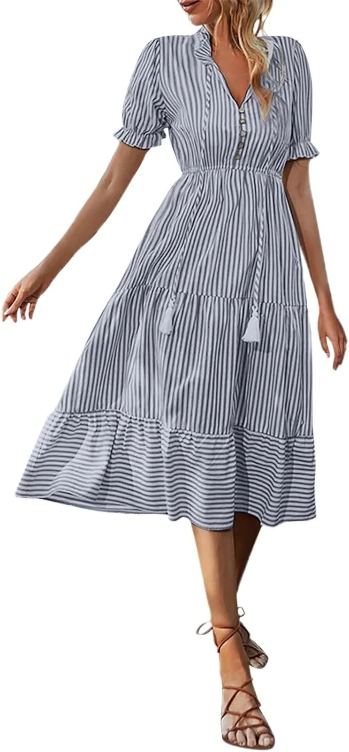 Womens 2025 Summer Puff Short Sleeve Maxi Dress Casual V Neck Strip Printed A Line Flowy Long Dresses