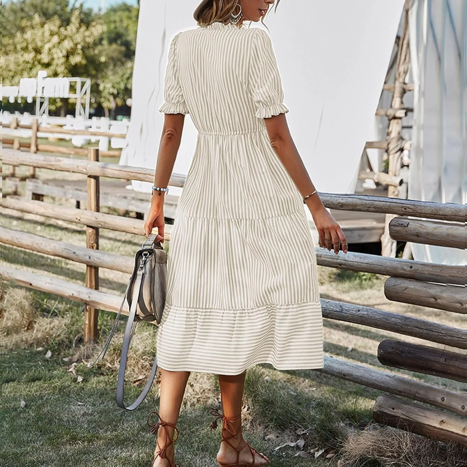 Womens 2025 Summer Puff Short Sleeve Maxi Dress Casual V Neck Strip Printed A Line Flowy Long Dresses