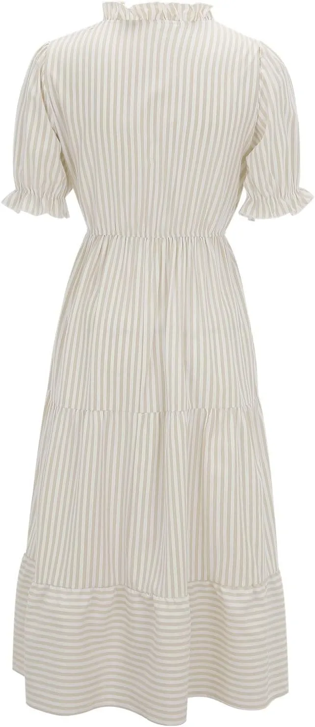 Womens 2025 Summer Puff Short Sleeve Maxi Dress Casual V Neck Strip Printed A Line Flowy Long Dresses