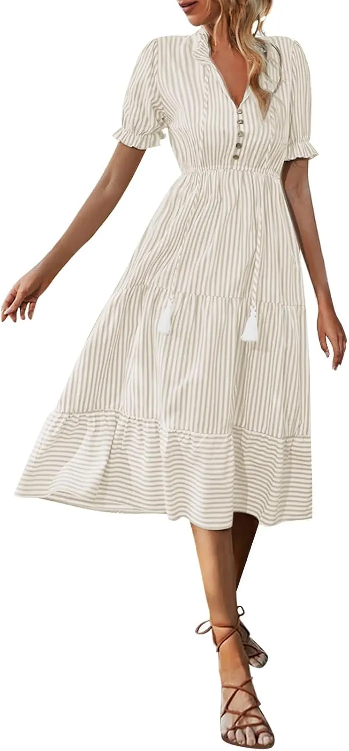 Womens 2025 Summer Puff Short Sleeve Maxi Dress Casual V Neck Strip Printed A Line Flowy Long Dresses