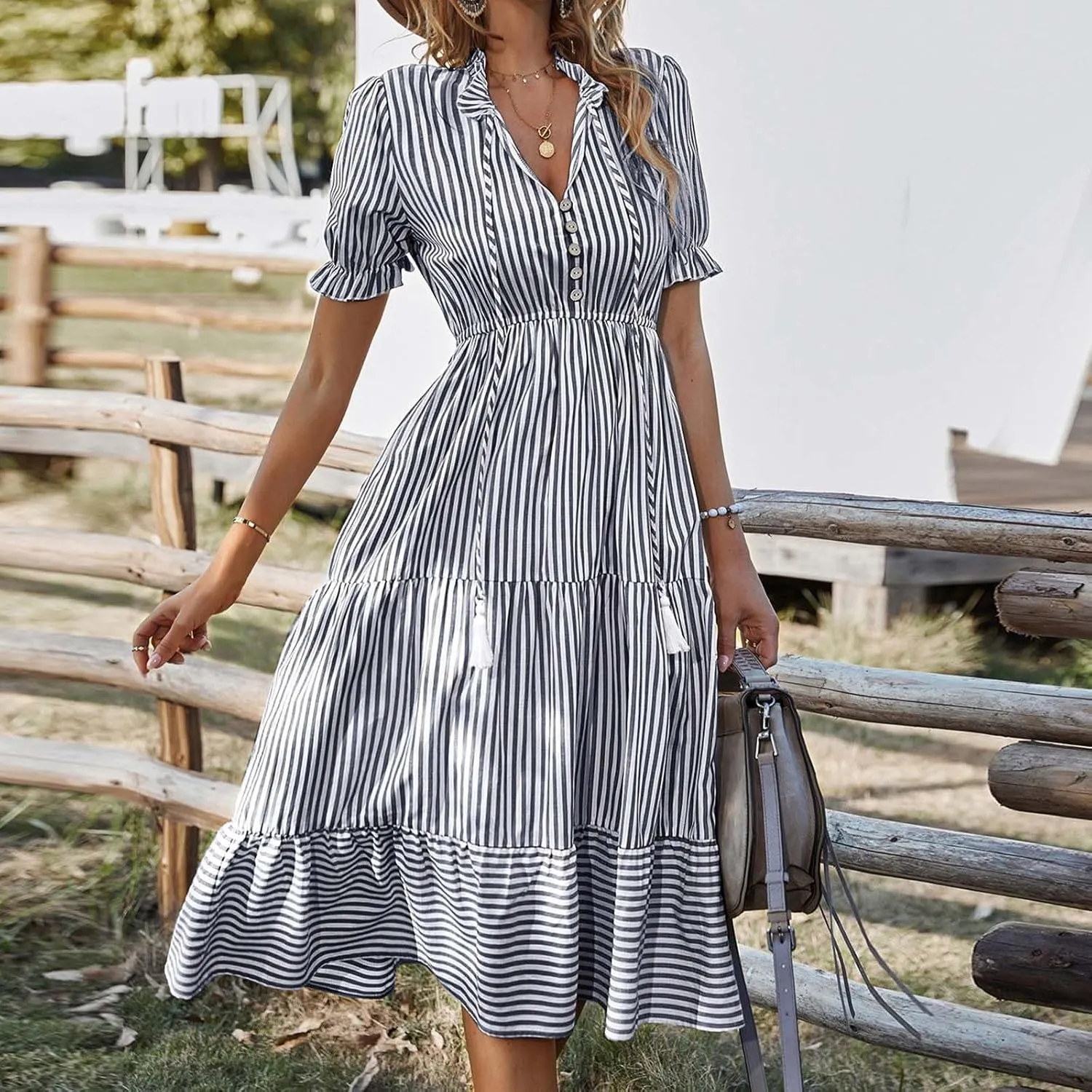 Womens 2025 Summer Puff Short Sleeve Maxi Dress Casual V Neck Strip Printed A Line Flowy Long Dresses