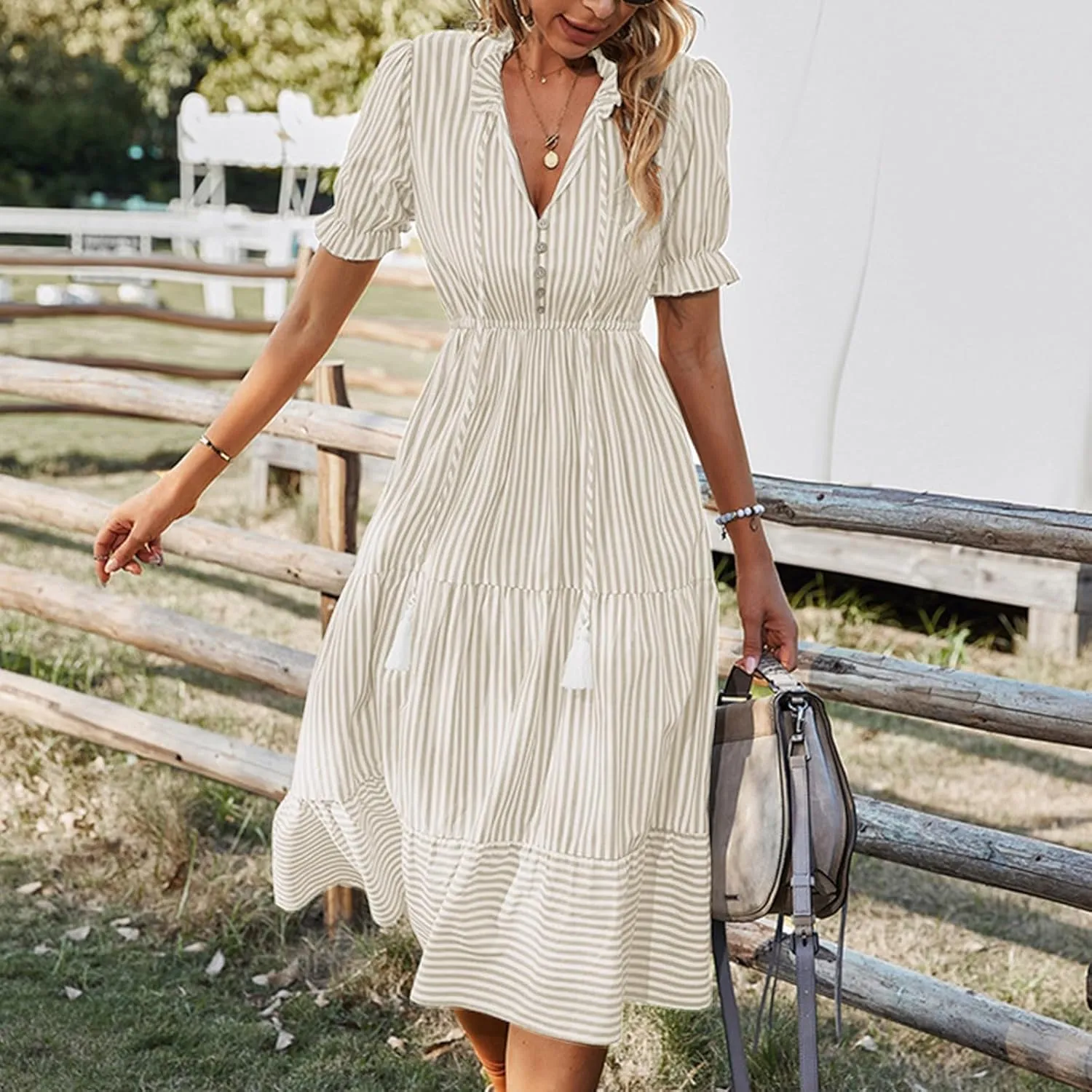 Womens 2025 Summer Puff Short Sleeve Maxi Dress Casual V Neck Strip Printed A Line Flowy Long Dresses