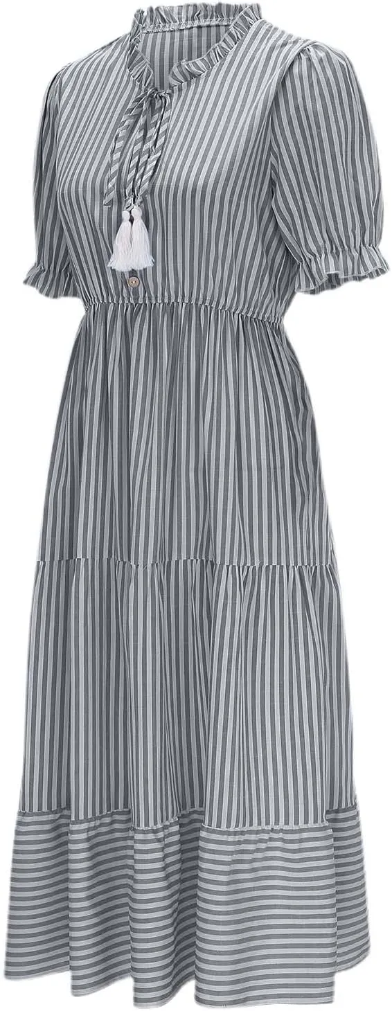 Womens 2025 Summer Puff Short Sleeve Maxi Dress Casual V Neck Strip Printed A Line Flowy Long Dresses