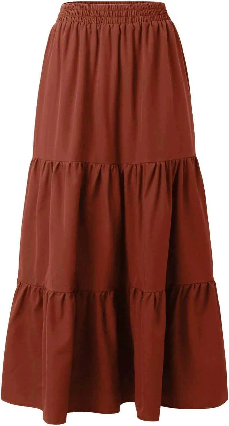 Women's Boho Elastic High Waist Pleated Dress A-Line Flowy Ruffle Tiered Swing Dress Beach Long Skirts with Pockets