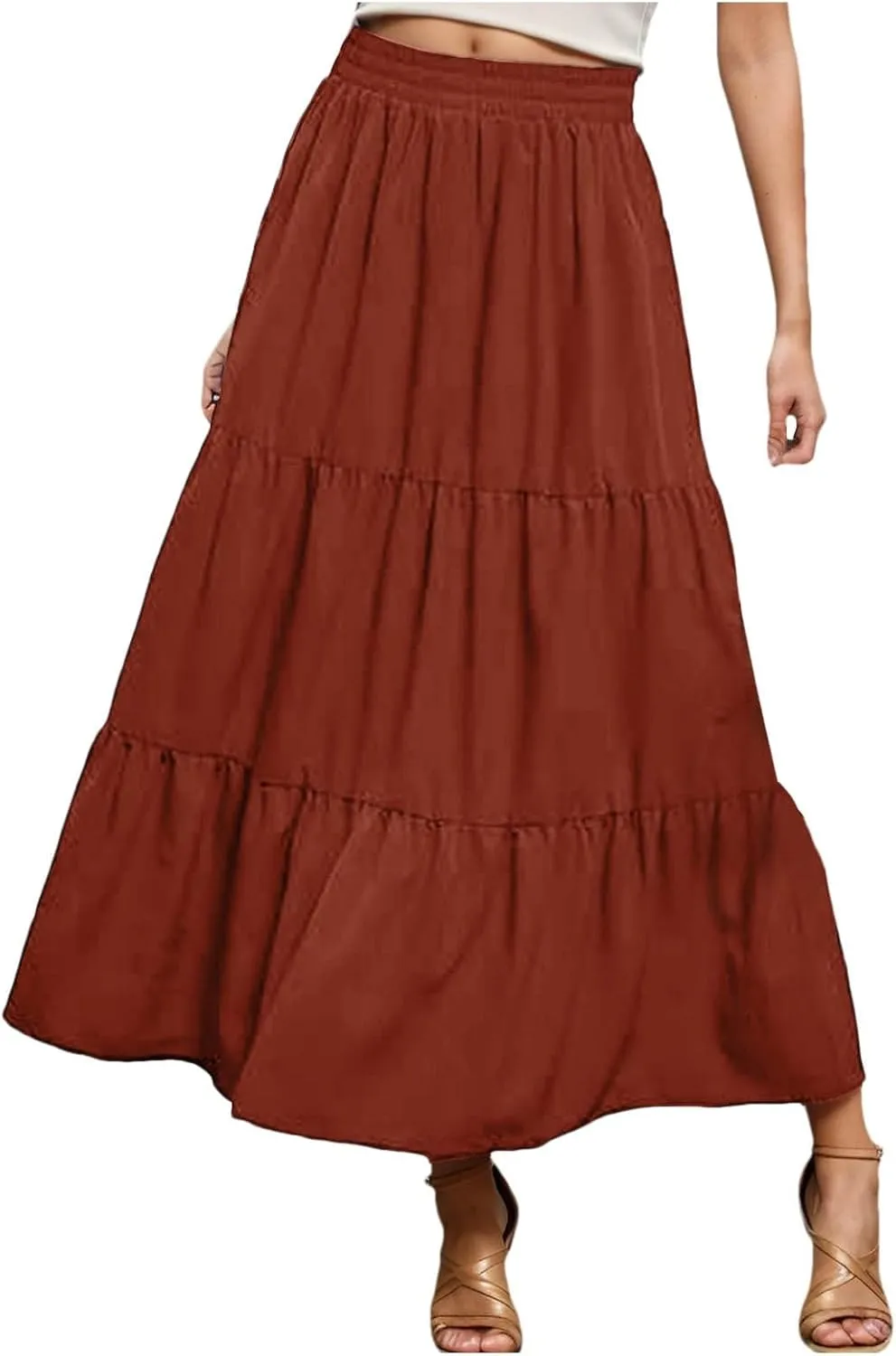 Women's Boho Elastic High Waist Pleated Dress A-Line Flowy Ruffle Tiered Swing Dress Beach Long Skirts with Pockets